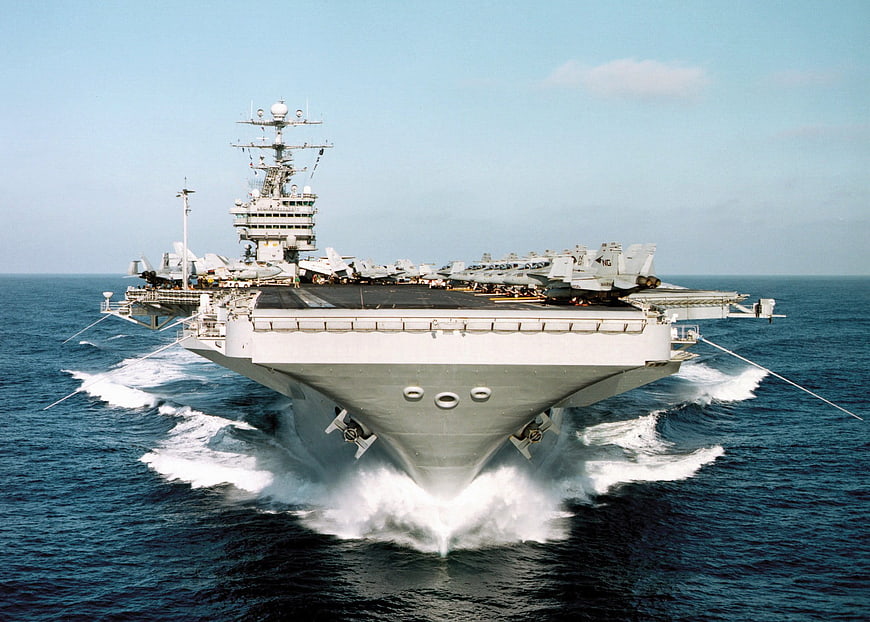 US Navy Aircraft Carrier at Sea with Fighter Jets