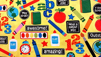 Colorful School Supplies Fabric Pattern With Alphabet And Numbers