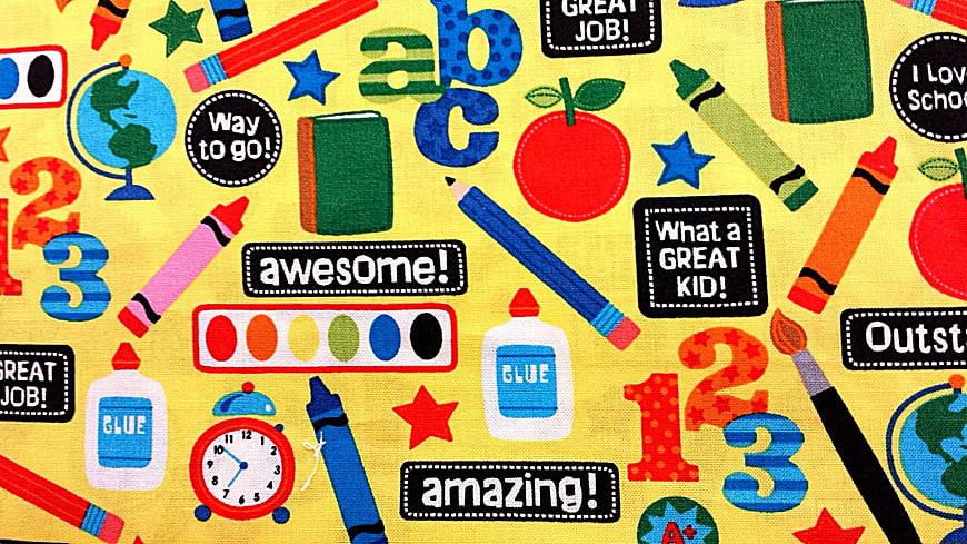 Colorful School Supplies Fabric Pattern With Alphabet And Numbers