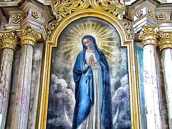 Religious Painting of Virgin Mary in Ornate Church Altar