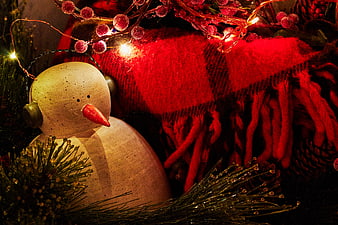 Wooden Snowman Figurine with Red Scarf and Christmas Lights
