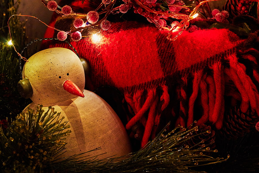 Wooden Snowman Figurine with Red Scarf and Christmas Lights