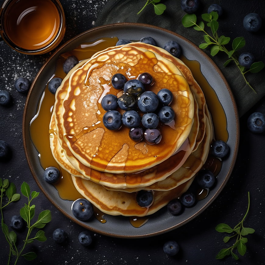 Stack of pancakes with blueberries and syrup top view