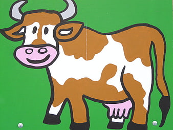 Hand-Painted Cartoon Cow Illustration On Green Background