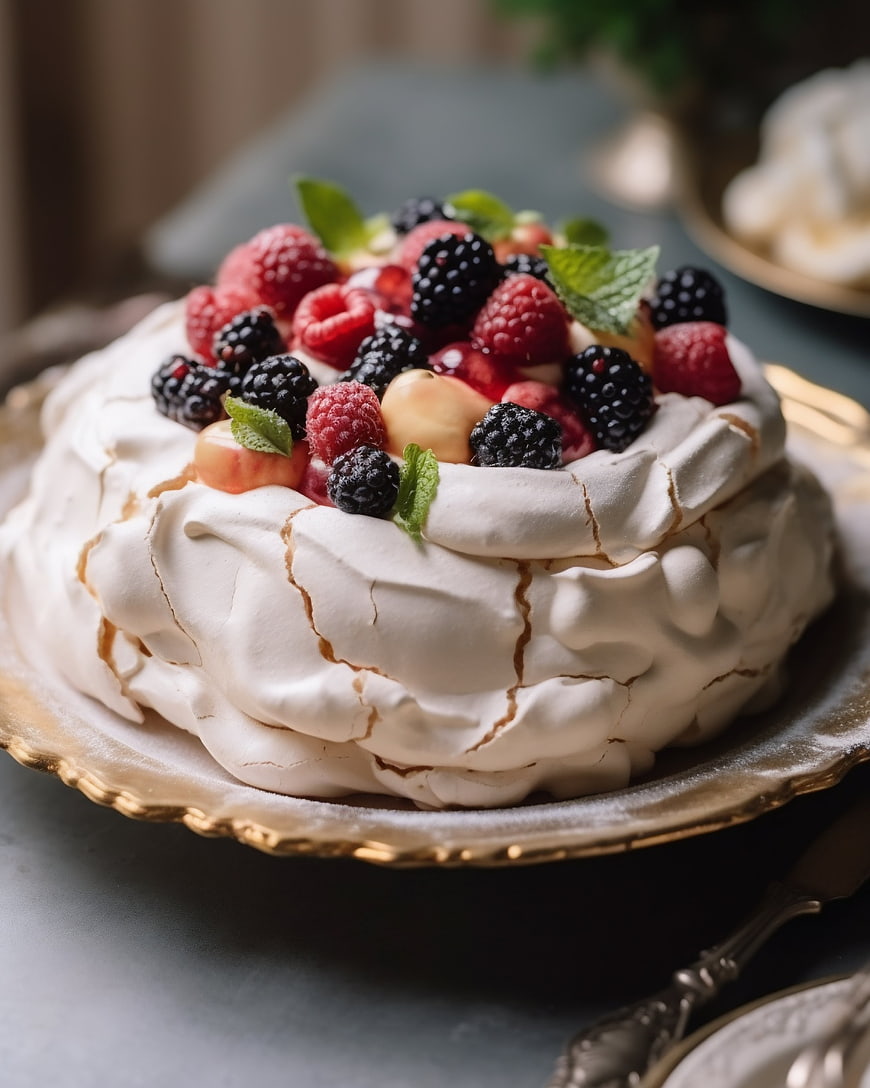 Delicious Pavlova Cake with Fresh Berries and Mint