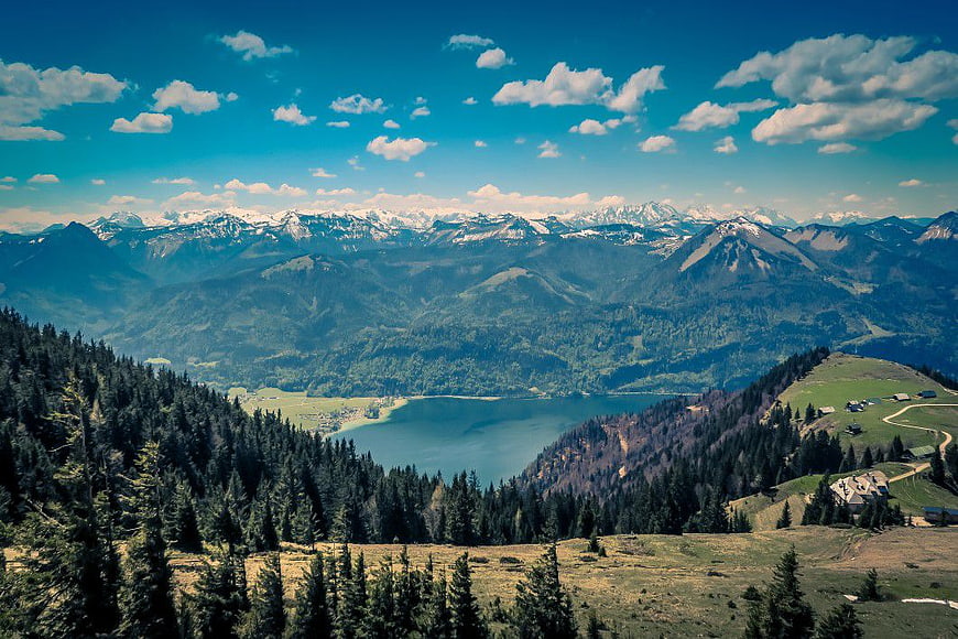 Panoramic Alpine Lake View with Snow-Capped Mountains