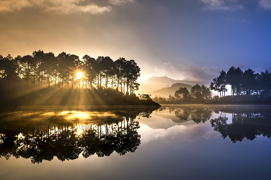 Sunrise over misty lake with pine forest reflection