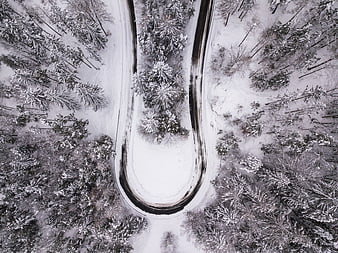 Aerial View of Snowy Forest Road Curve