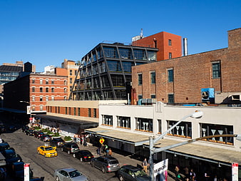 Urban Street Scene with Modern and Brick Architecture