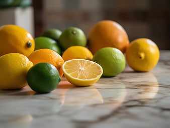 Fresh citrus fruits on marble countertop with cut lemon