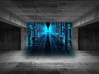 Futuristic Digital Tunnel in Concrete Room