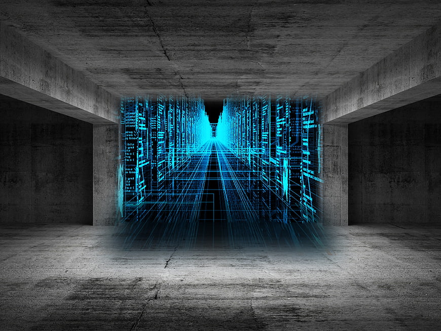 Futuristic Digital Tunnel in Concrete Room
