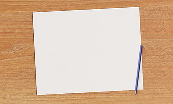 Blank white paper and blue pencil on wooden table
