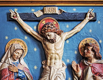 Religious Sculpture of Jesus Crucifixion with Mary and John