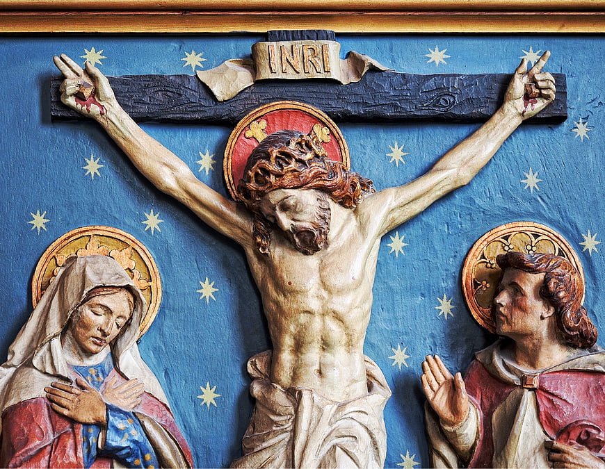 Religious Sculpture of Jesus Crucifixion with Mary and John