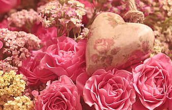 Pink Roses and Heart-Shaped Ornament Romantic Floral Arrangement