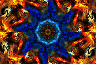 Abstract kaleidoscope pattern with blue and orange swirls