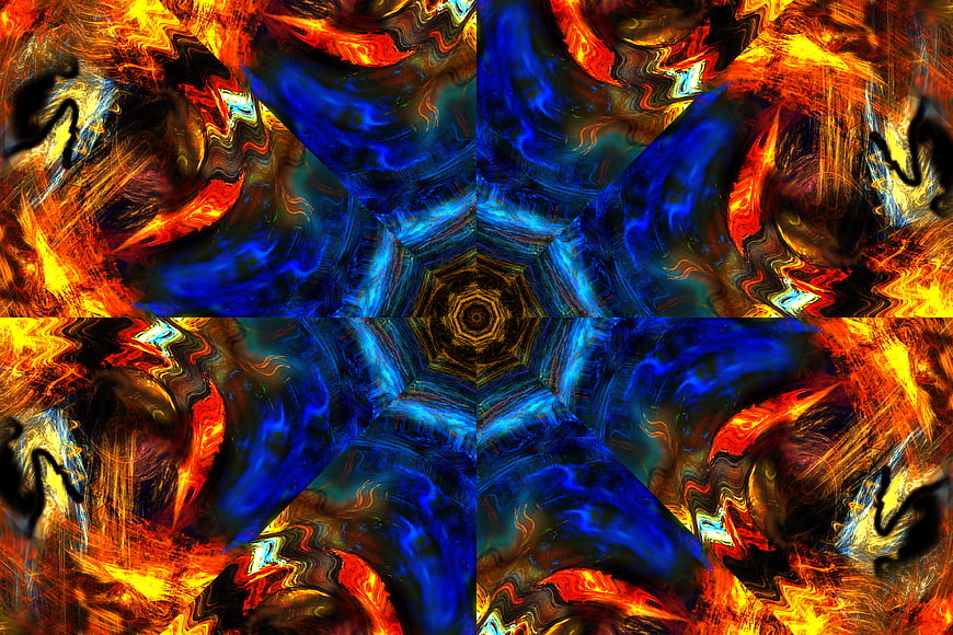 Abstract kaleidoscope pattern with blue and orange swirls