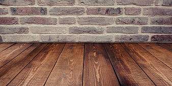 Rustic brick wall background with wooden floor planks