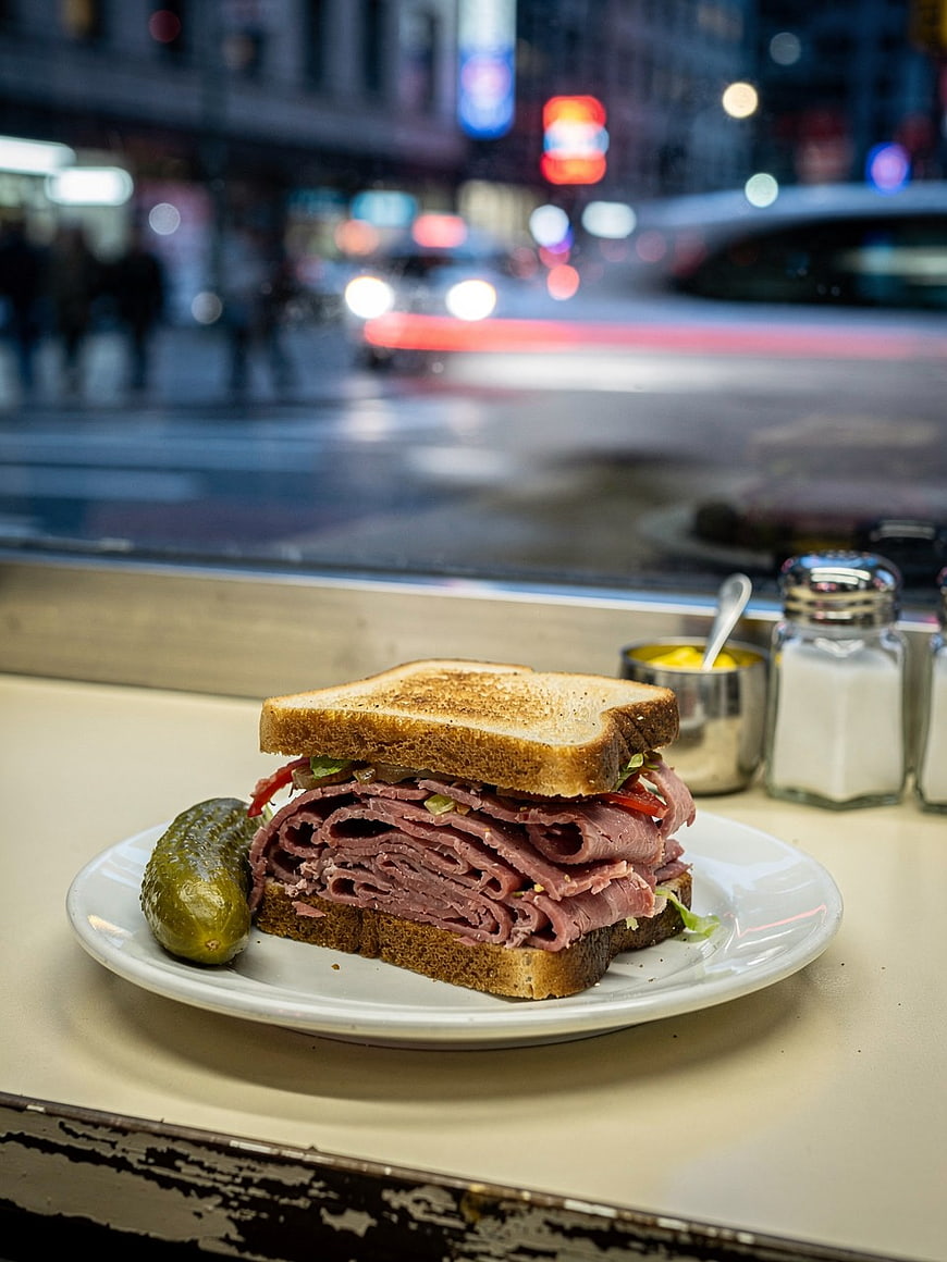 Classic Pastrami Sandwich with Pickle on Deli Counter