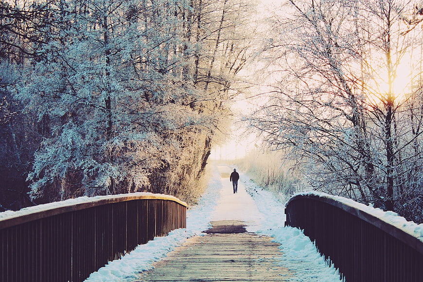 Man Walking on Snowy Bridge in Winter Forest