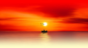Silhouette of Fisherman in Boat on Calm Sea at Vibrant Sunset