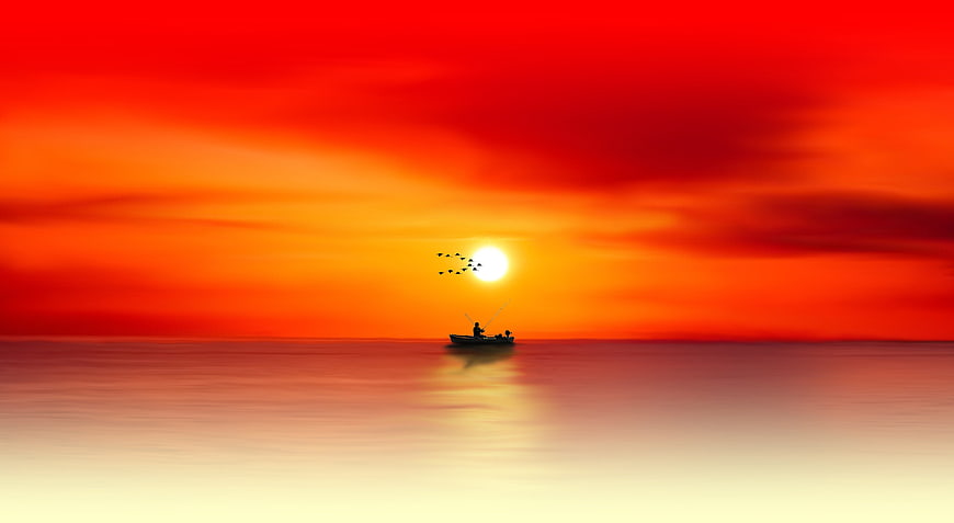 Silhouette of Fisherman in Boat on Calm Sea at Vibrant Sunset