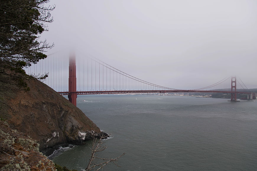 Golden Gate Bridge in Fog from Cliffside View