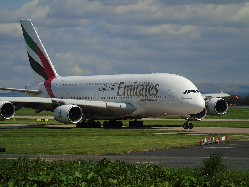 Emirates Airbus A380 taxiing on airport runway