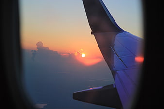 Airplane Wing Sunset View Through Window