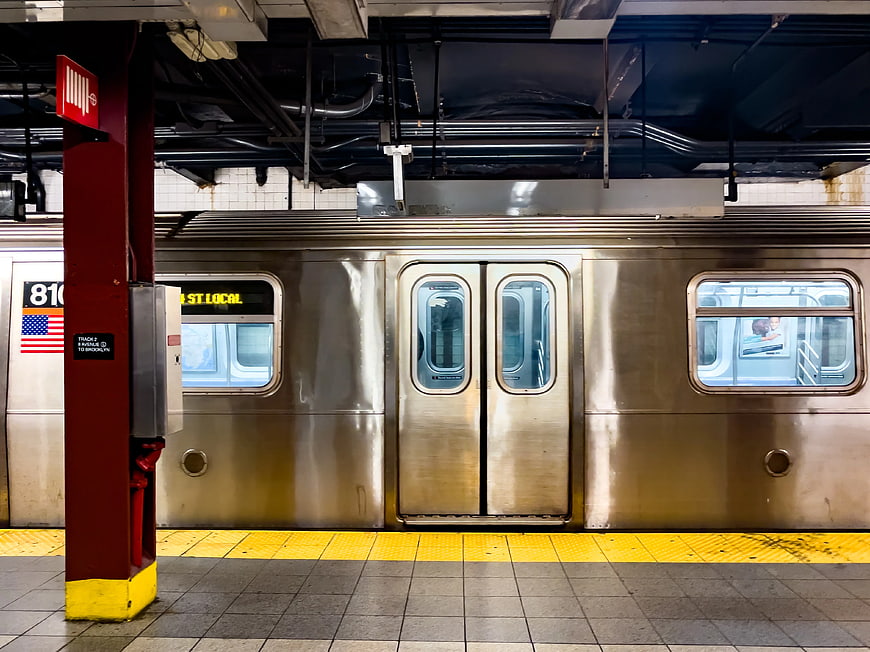Stainless Steel Subway Train at NYC Station Platform