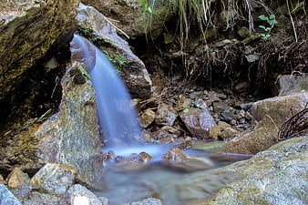 Small waterfall cascading over rocks in a forest stream