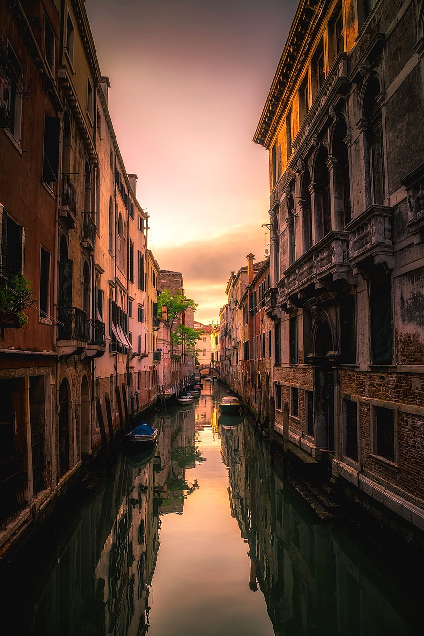 Venetian Canal at Sunset with Reflections