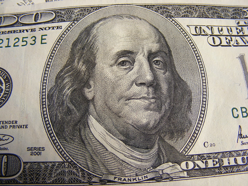 Close-up of Benjamin Franklin Portrait on US One Hundred Dollar Bill