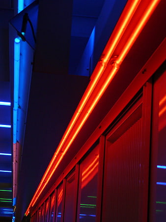 Abstract Red and Blue Neon Lights on Urban Architecture at Night
