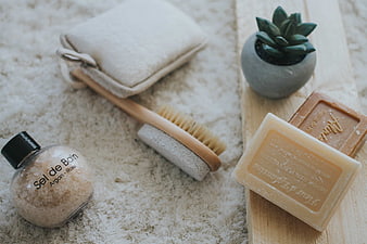 Natural Spa Products, Soap, and Dry Brush on Wood
