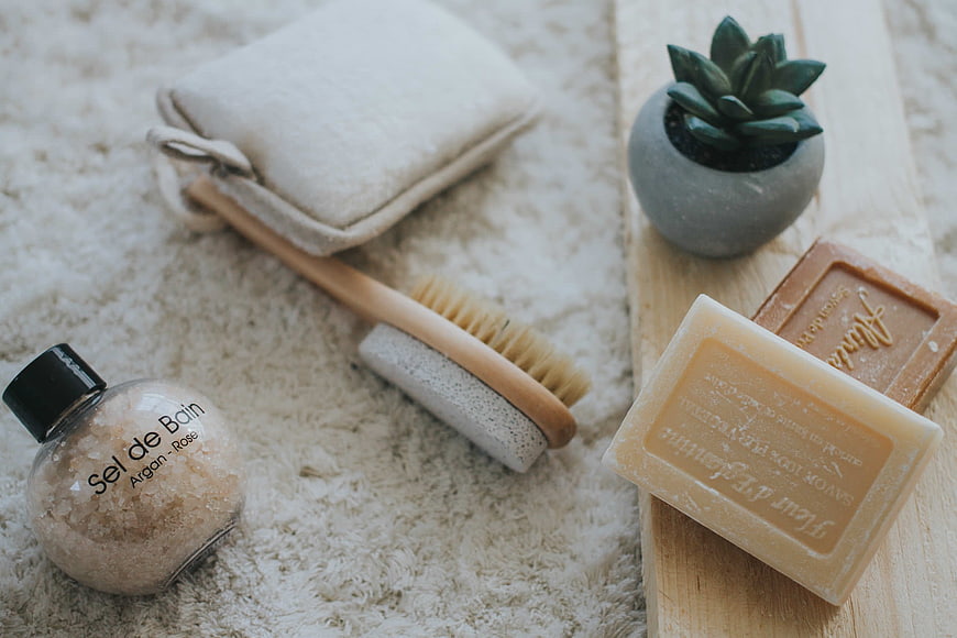 Natural Spa Products, Soap, and Dry Brush on Wood