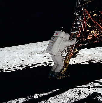 Astronaut Descending Lunar Module Ladder on Moon Surface