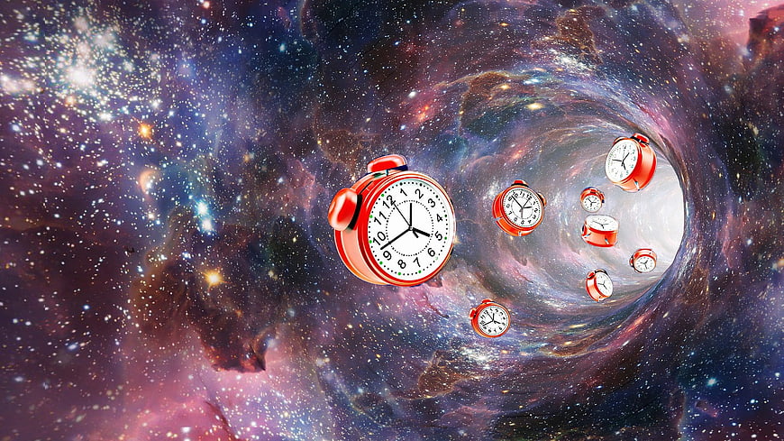 Red alarm clocks floating in a cosmic wormhole tunnel