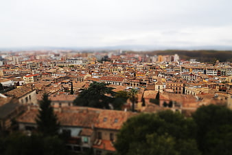 Tilt-shift cityscape of Barcelona rooftops and architecture