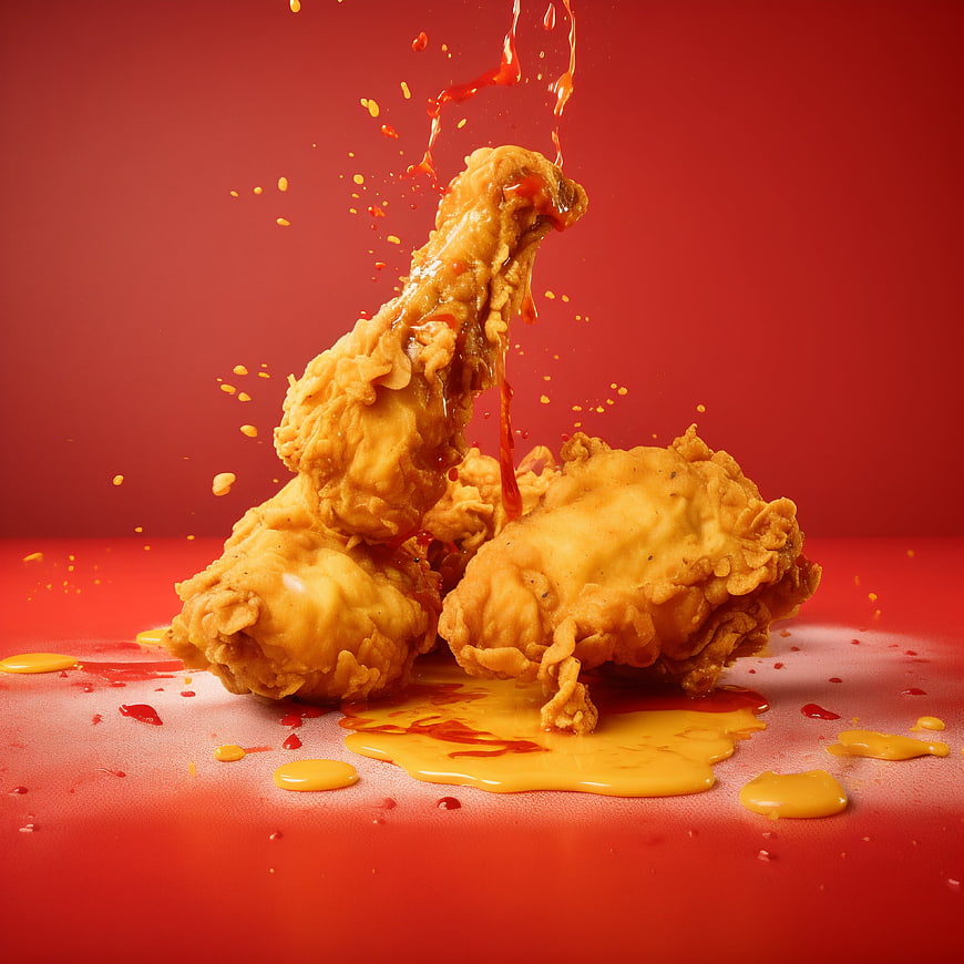 Crispy fried chicken with sauce splashes on red background
