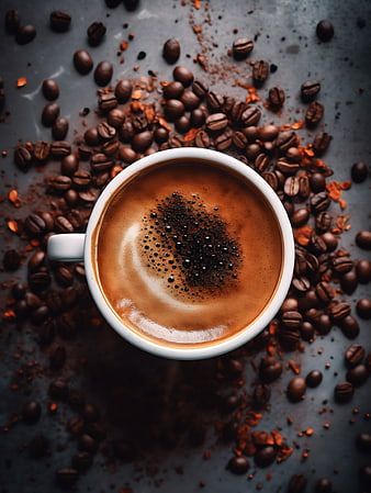 Top View of Coffee Cup with Beans and Cocoa Powder