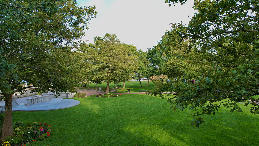 Lush Green Park with Trees and Stone Amphitheater