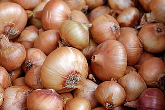 Close-up of fresh yellow onions in a pile