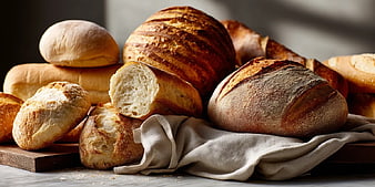 Assortment of Freshly Baked Artisan Breads on Wooden Board