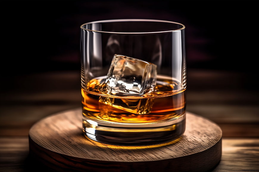 Glass of amber whiskey with ice on wooden coaster