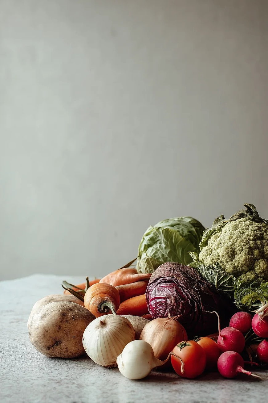 Fresh Organic Vegetables on Rustic Tabletop