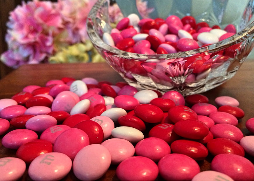 Valentine's Day M&M's in Crystal Bowl with Pink Flowers