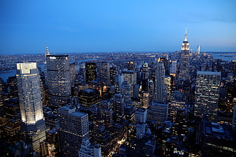 Aerial View of Manhattan Skyline at Dusk with Empire State Building
