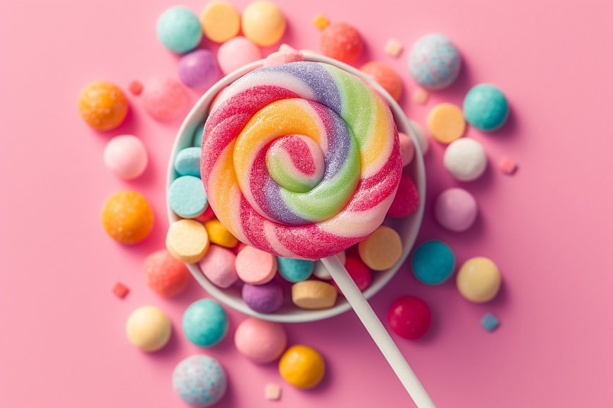Colorful Swirl Lollipop in Bowl of Pastel Candies